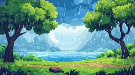Rain Falling on a Lake Surrounded by Lush Green Trees and a Dirt Path