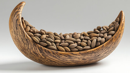 Fototapeta premium Cumin seeds arranged in crescent shaped bowl, showcasing their earthy tones and textures, perfect for culinary use or decoration