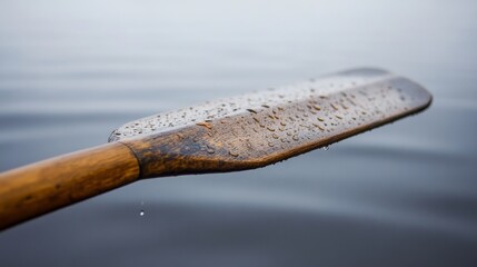 A rowing oar's handle with worn grip and water droplets, outdoor setting at dawn on a calm lake, Serene style