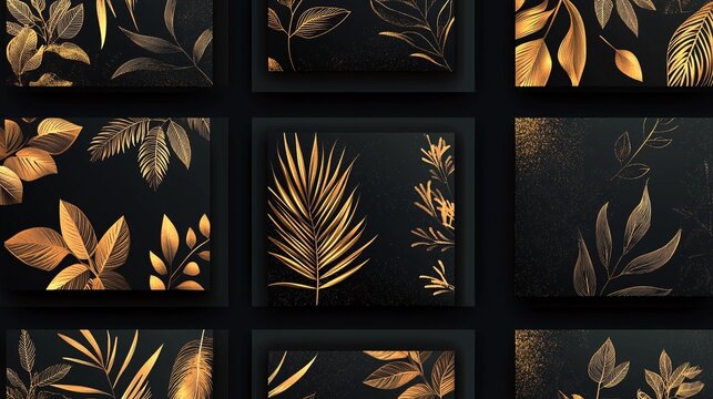 20.A set of vector cards featuring sophisticated floral and leaf patterns in luxurious gold, with abstract botanical designs that flow across dark, rich backgrounds. Perfect for creating elegant