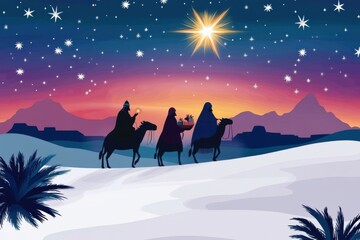 Three kings' day celebration christmas journey digital illustration night sky perspective of the three wise men generative ai concept