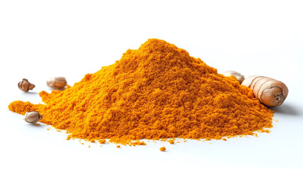 Golden turmeric powder in mound with whole turmeric roots and seeds, showcasing its vibrant color and texture. This spice is known for its health benefits and culinary uses