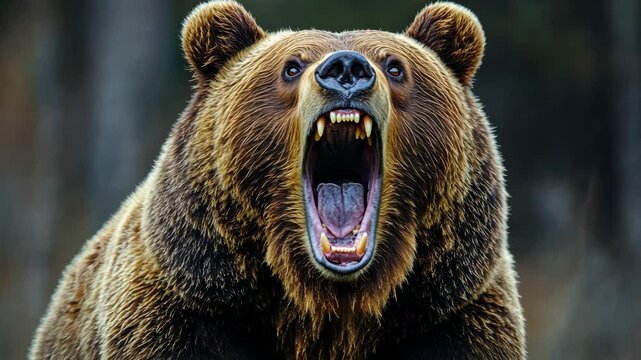 Grizzly bear roaring in the wild, close