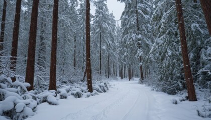 Obraz premium A winter trail through a dense, snow-filled forest