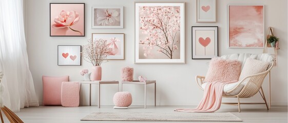Modern Valentine’s Home Decor Setup, showcases a minimalist gallery wall with Valentine’s-themed art and light pink accents around the space.