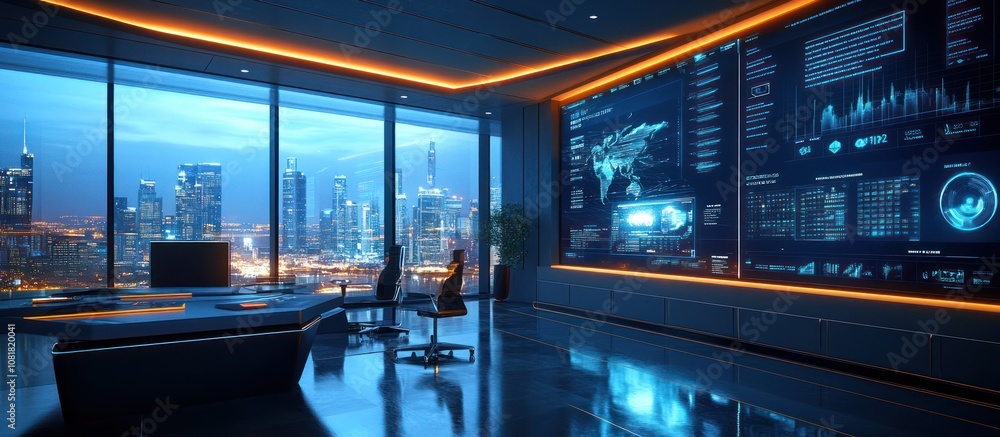 Poster modern office interior with large screen displaying data and a cityscape view from the window.