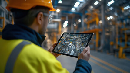 Factory Hazard Assessment. A worker in a safety helmet inspects industrial data on a tablet within a large, well-lit warehouse.