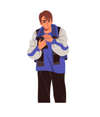 Sad person holds mobile phone in hands, online communicates, chats. Upset teen scrolls social networks in smartphone. Boy doomscrolling in telephone. Flat isolated vector illustration on white