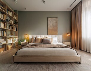 Chic Bedroom Retreat: Stylish Bed, Nightstand with Books, and Customizable Wall Mockup
