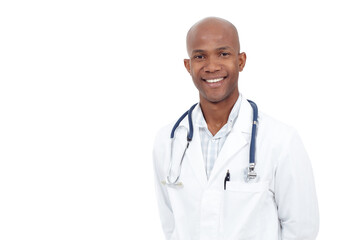 Doctor, portrait and stethoscope with confidence, medical and healthcare pride of African man. Studio, cardiology and wellness professional with smile and happy from work with white background mockup