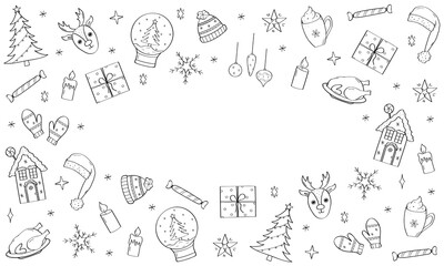 Christmas clipart set. Vector illustration of doodle icons. Hand drawn design elements for New year and Christmas