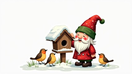 A Cheerful Gnome With a Snowy Hat Tends to a Birdhouse While Friendly Birds Gather Around Him in Wintertime
