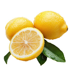 Fresh and Ripe Lemons with Green Leaves Set Against a Clean White Background Perfect for Culinary and Health-Themed Projects, on the transparent background