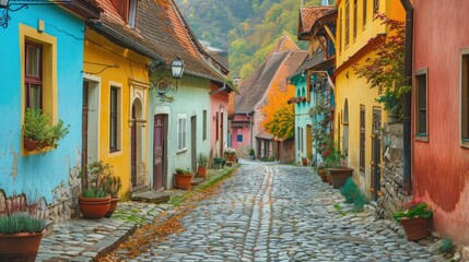 Fototapeta premium Ancient European town with cobblestone streets and vibrant houses