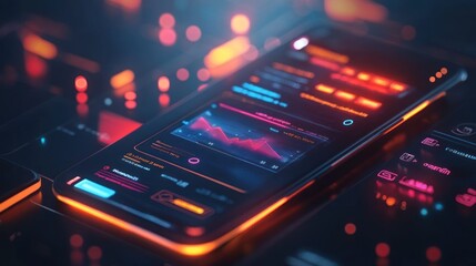 Obraz premium A smartphone displaying a futuristic interface with a graph and data points.