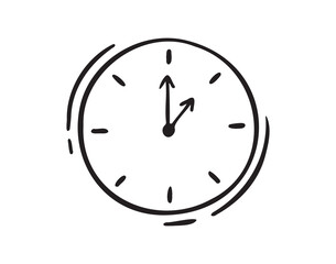 Hand drawn doodle clock icon. Isolated outline clock on a white background. 