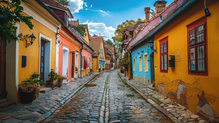 Fototapeta premium Ancient European town with cobblestone streets and vibrant houses