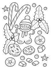Coloring book Christmas gingerbread man hand drawn. Lollipop cane, cookie, marshmallow, holly. Celebration sweets. Winter holiday. Vector outline art illustration. Page for kids and adults.