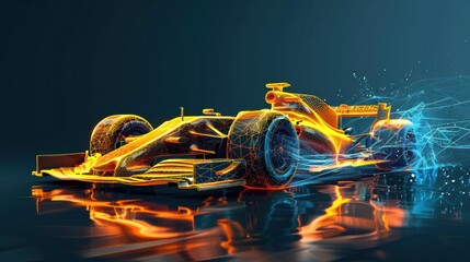 Abstract yellow race car with blue glowing digital particles on dark background.