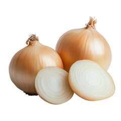 Fototapeta premium Fresh golden onions with sliced rings, raw onion bulbs, realistic vegetable food ingredient for cooking and recipes isolated PNG with Transparent Background
