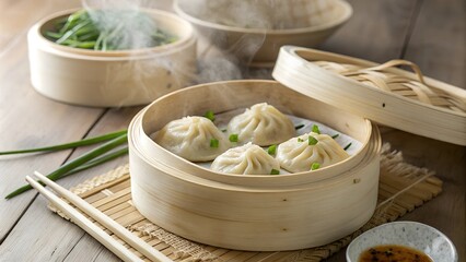 Steamed Mandu Dumplings in Bamboo Steamer