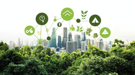 Urban sustainability initiative modern city infographic green environment aerial view renewable energy concepts