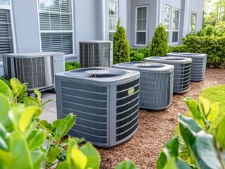 A group of outdoor air conditioner units installed on the ground in the backyard of a building -