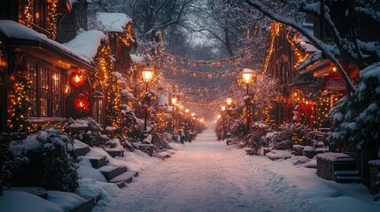 Obraz premium A snow-covered street lined with festive lights and decorated houses.