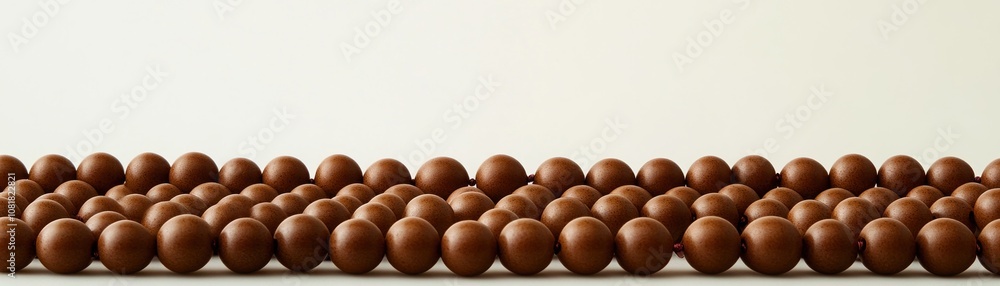 Poster a row of uniform brown spheres arranged in a linear pattern against a light background.