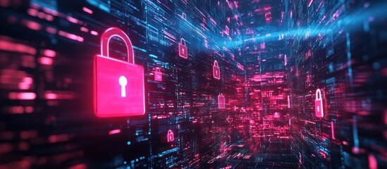 Fototapeta premium Pink glowing padlock in a digital world, a symbol of online security and privacy.