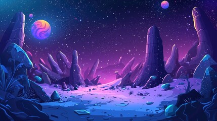 Obraz premium A Purple-Lit Alien Landscape with Tall Rock Formations and a Starry Sky
