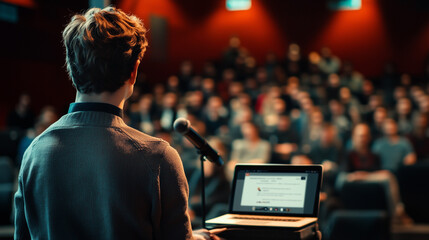 Professional hosting a virtual QA session with a laptop in a conference room