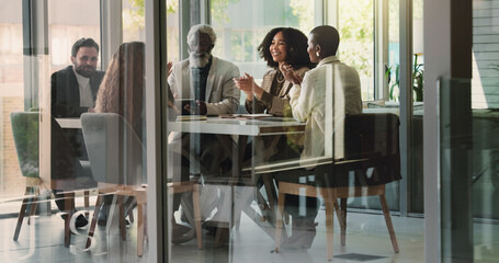 Business people, applause and smile in office for achievement, company growth and support for...