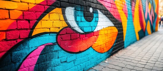 Colorful eye graffiti painted on a brick wall.