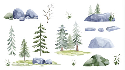 Pine trees, rocks and stones. Watercolor illustration set.