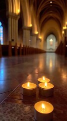 A serene church interior with lit candles, creating a peaceful atmosphere.