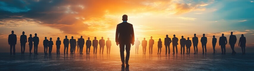 A group of silhouettes facing a vibrant sunset, symbolizing unity, leadership, and collective strength in a professional setting.