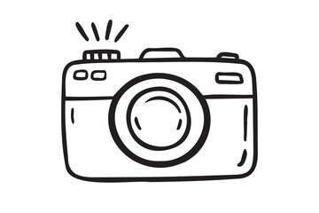 Camera hand drawn doodle isolated icon white background. Camera symbol outline drawn by hand.