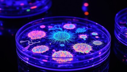 Bacteria exposure risk. Colorful cultures of microorganisms illuminated under UV light, showcasing intricate patterns in petri dishes.