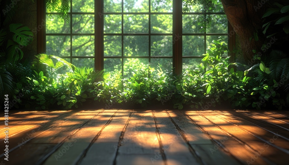 Poster sunlight streams through window, creating warm light. ideal for product display or nature-themed des