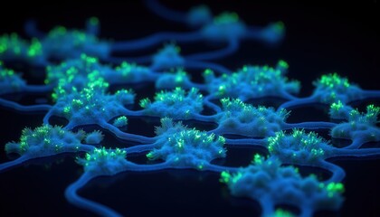 Bacteria exposure risk. A vibrant microscopic view of neural networks, showcasing luminous connections and synapses in a dark background, highlighting the complexity of brain activity.