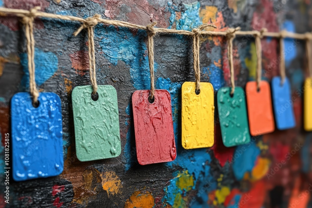 Poster colored labels on string against paint. great for creative projects or for use as a background.