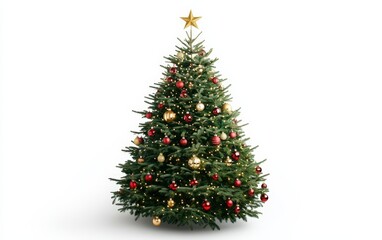 Classic Christmas Tree with Red and Gold Ornaments: A lush green Christmas tree adorned with classic red and gold ornaments, shimmering tinsel, and a golden star on top