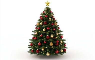 Classic Christmas Tree with Red and Gold Ornaments: A lush green Christmas tree adorned with classic red and gold ornaments, shimmering tinsel, and a golden star on top
