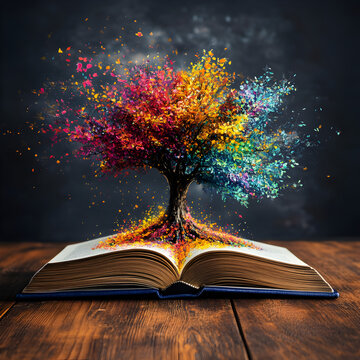 A colorful tree growing from an open book. A creativity and knowledge concept. 