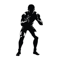 Naklejka premium A man is standing in a boxing ring. He is wearing a black shirt and black pants. He is holding his hands up in the air