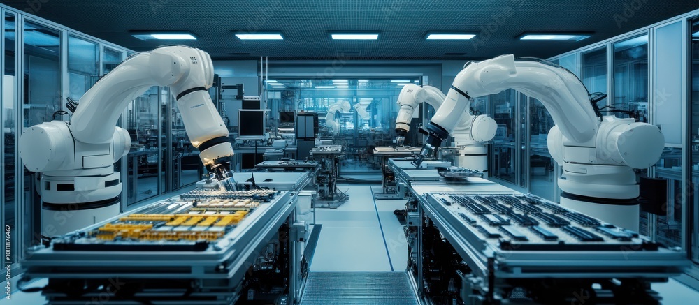 Aufkleber two robotic arms operate on an assembly line in a high tech factory.