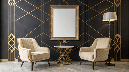 A 3D-rendered mockup of a blank poster frame on a black wall with thin gold lines