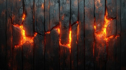 Charred wood planks with glowing lava. This image can be used for backgrounds, textures, and design elements related to heat, fire, or destruction.