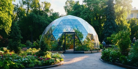 Fototapeta premium Geodesic Transparent Shell: A Modern Blend for Urban Garden Spaces and Sustainable Living
